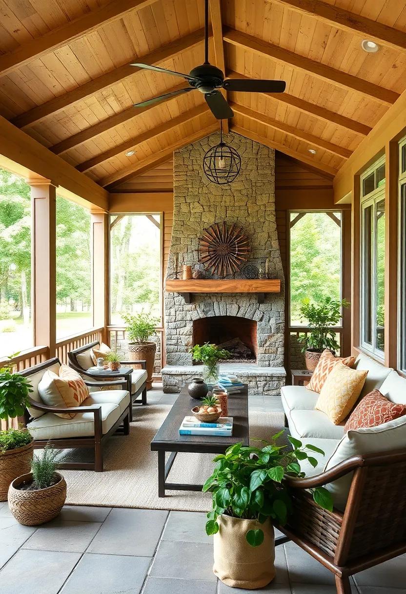 Rustic Stone Accents: Incorporate a stone fireplace or stone-topped tables to add texture and a solid presence to your porch