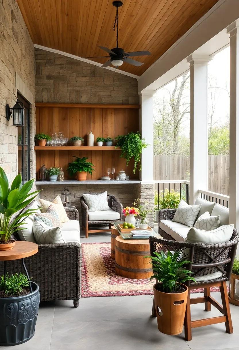 Rustic Bar Corner: Create a stylish bar ​area with wooden shelves,rustic stools,and an assortment of glassware to serve drinks all season long