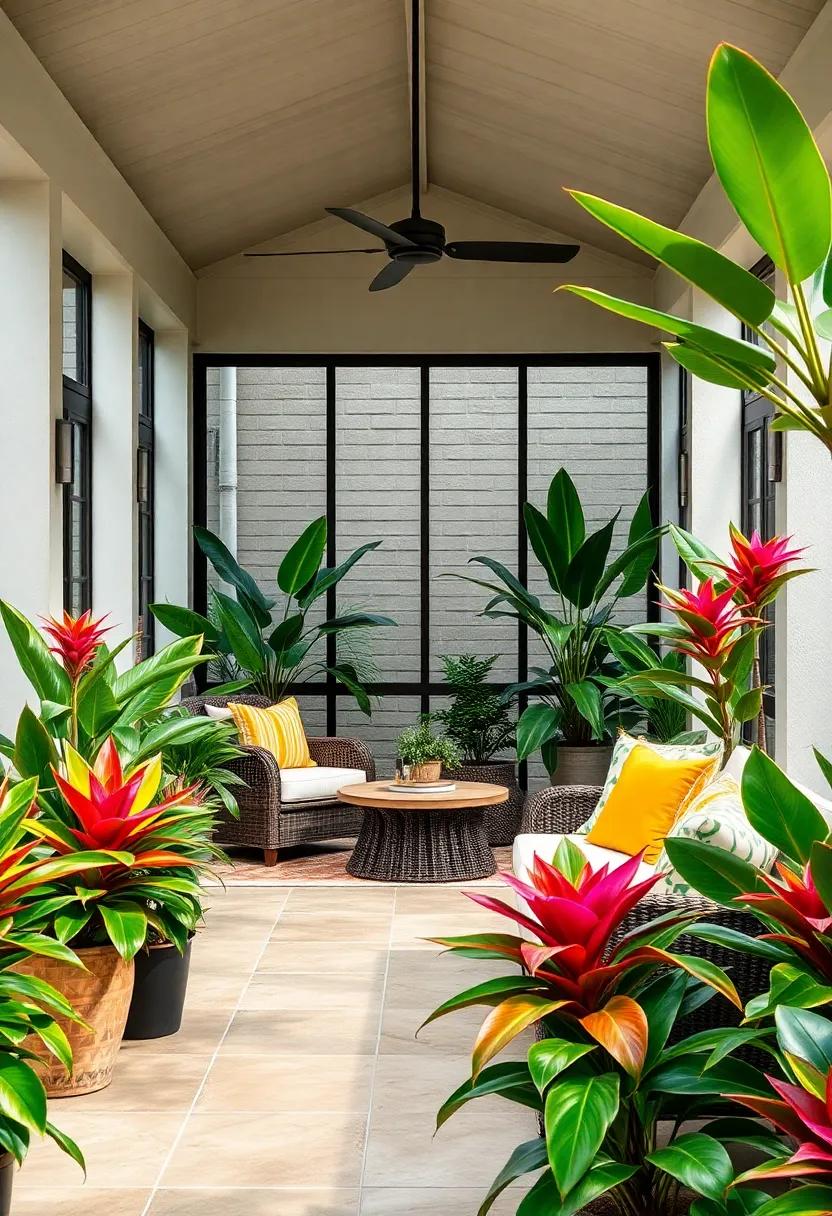 Bromeliads - These colorful, low-maintenance plants thrive in humidity and boast unique flower spikes, perfect for adding exotic color to your porch