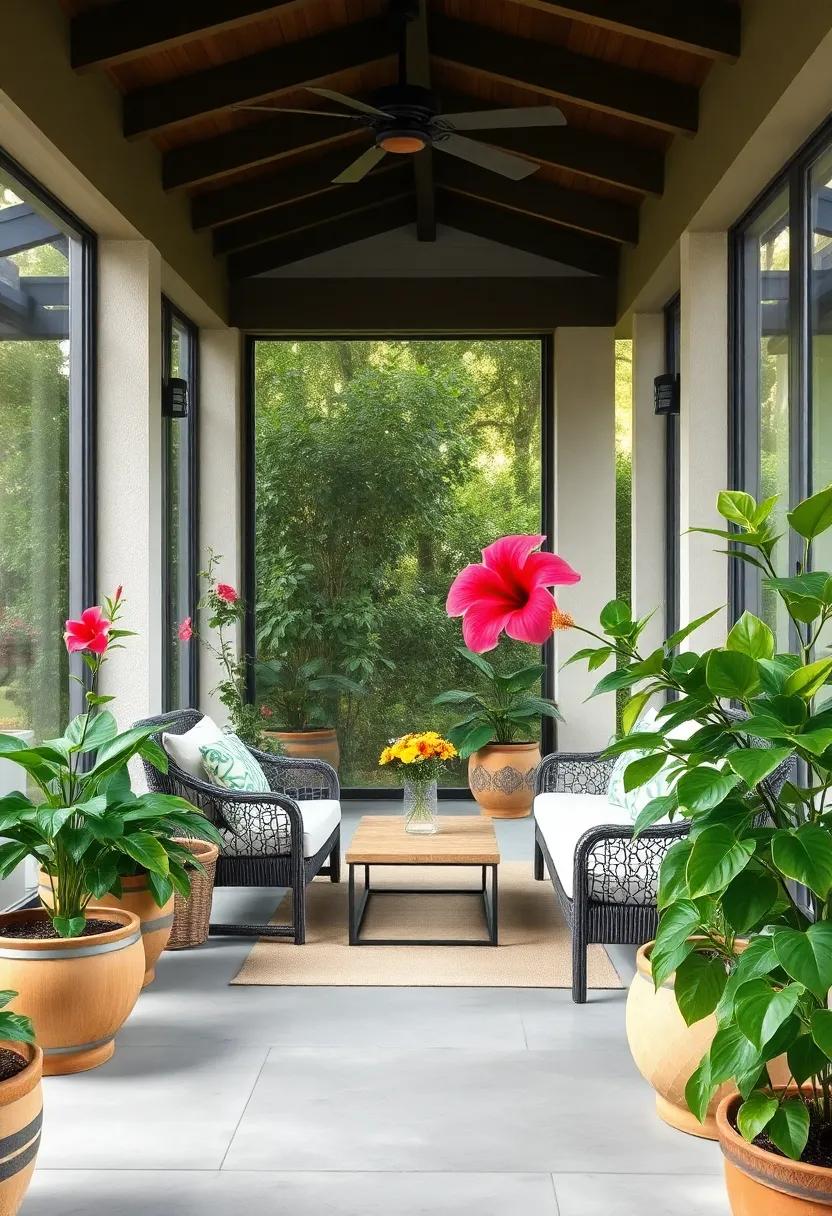 Hibiscus - Bringing bold, colorful blooms, the Hibiscus not only adds beauty but also thrives in the warmth of your enclosed outdoor space