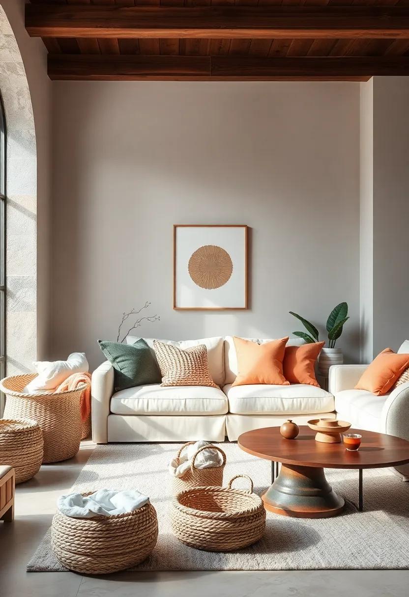 Storage Bench: ​Incorporate a storage bench at the entrance of your living room for a stylish spot to sit while keeping shoes and bags neatly hidden