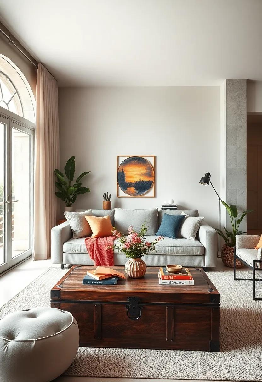 Trunk or Vintage Chest: Incorporate an old trunk or a stylish vintage chest to add character and a practical storage solution that serves as a coffee table