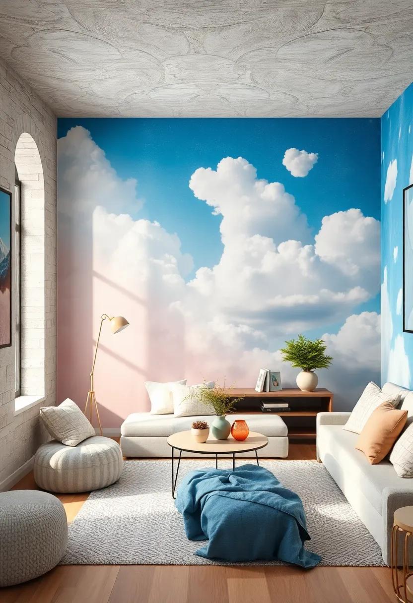 Dreamy skies: Create a soothing celestial mural with fluffy clouds and pastel tones that ‍evokes a⁤ sense‍ of calm,perfect‍ for winding down after a long day
