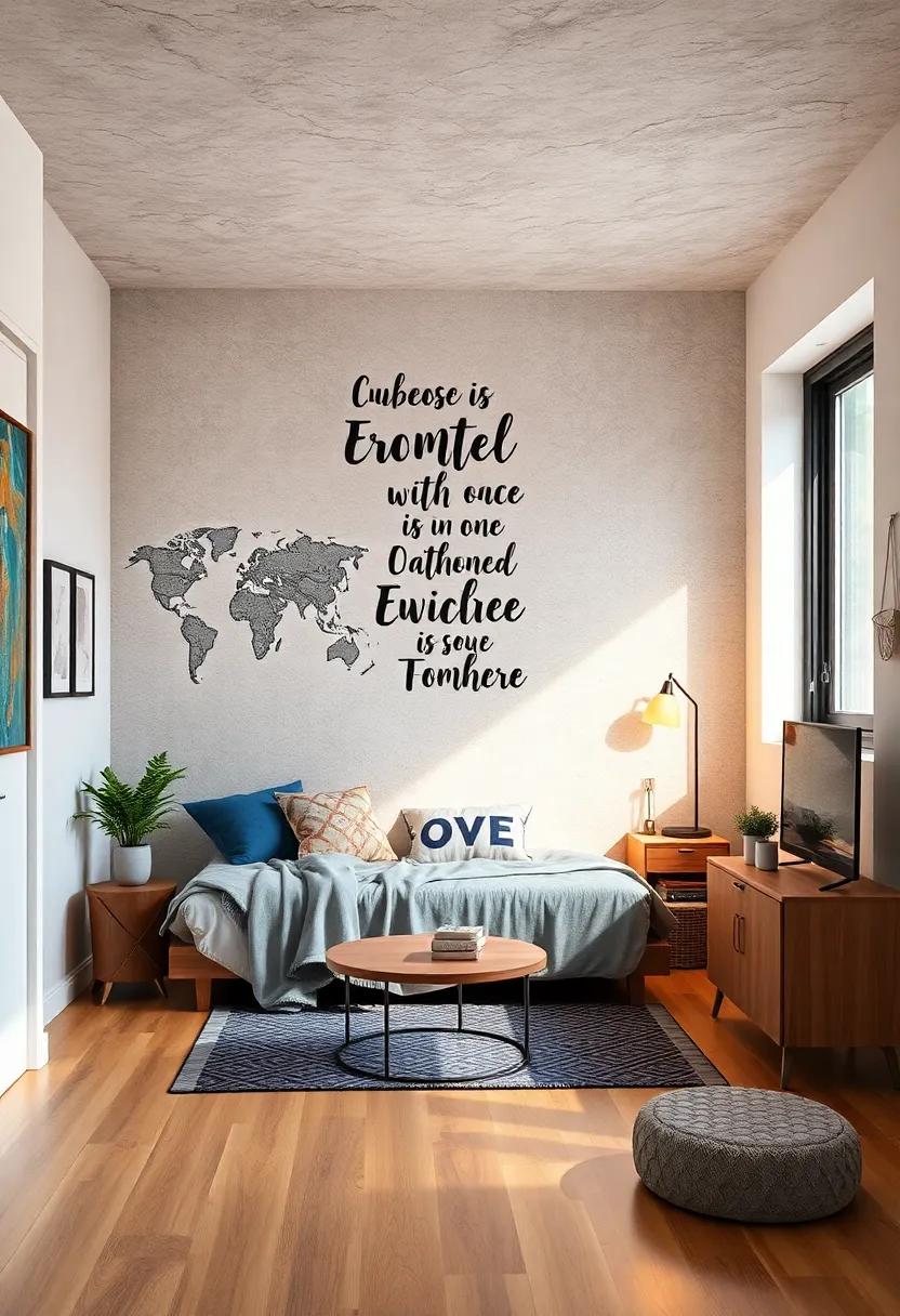 Inspirational Travel Quotes: Combine wanderlust and typography ‍by integrating famous travel quotes into a mural that motivates you to explore the world beyond your room