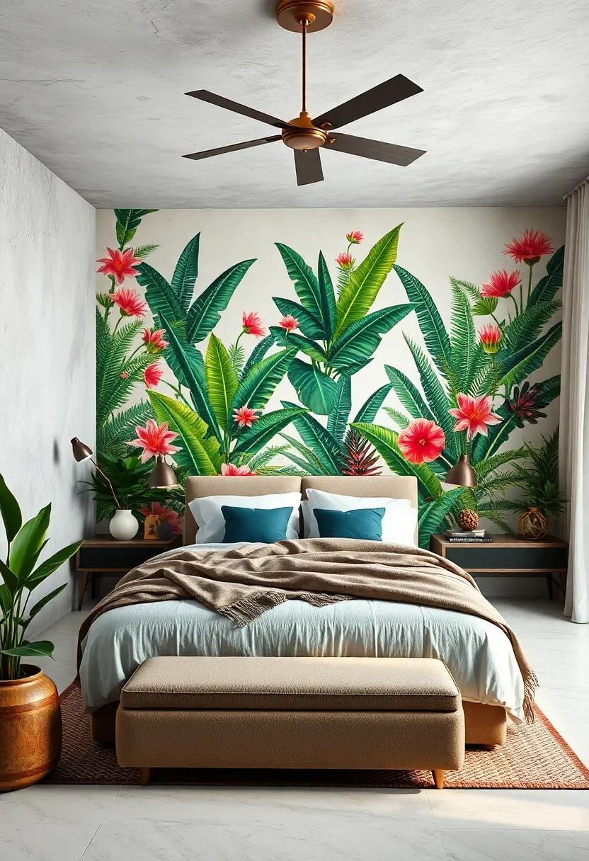 Botanical Collage: Use‌ collage-style wallpaper that features different tropical plants and flowers layered together for a unique and eclectic look
