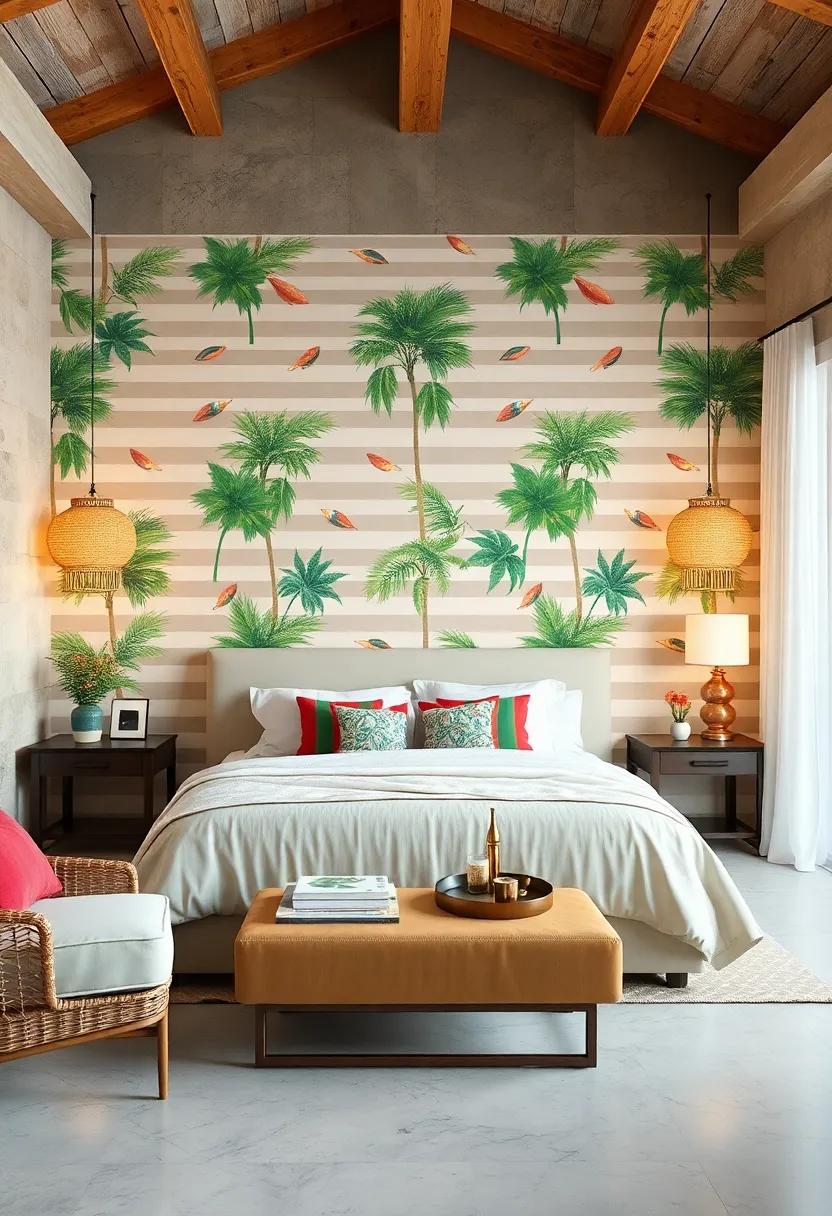 Coastal​ Stripes: ​Opt for striped wallpaper that mimics beach umbrellas, providing a nautical feel with a touch of tropical charm