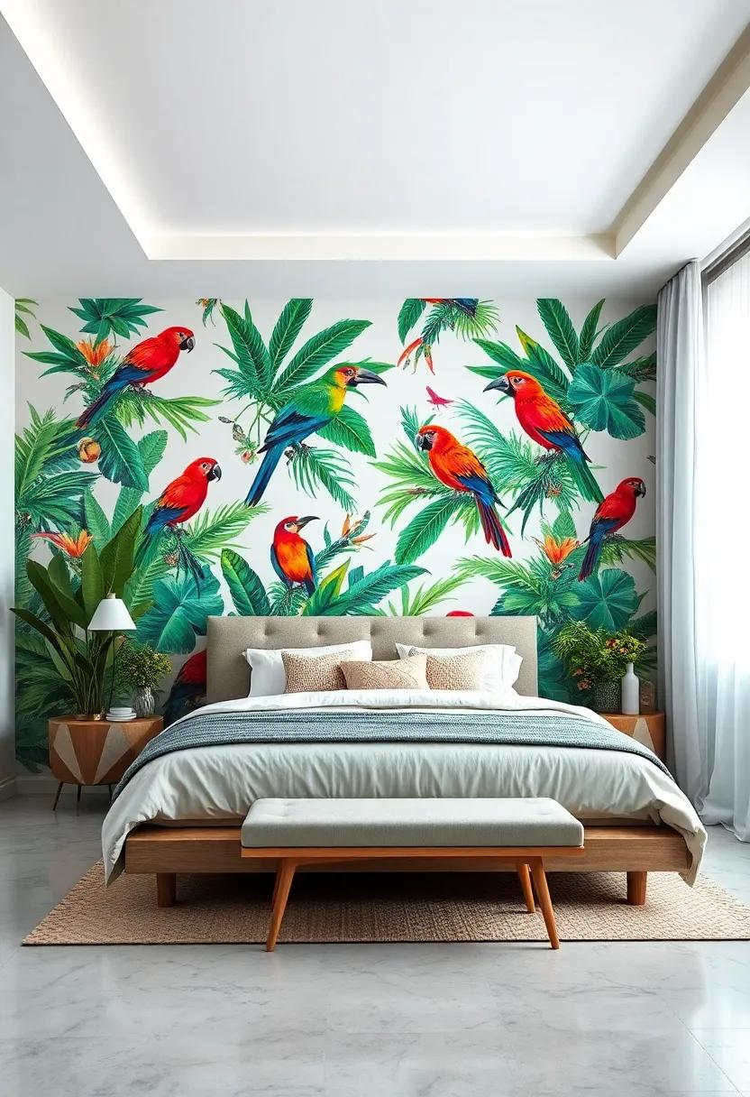 Exotic ⁢Birds: Make a statement with wallpaper adorned with ⁣vivid tropical birds, adding bursts ⁣of color and whimsy to your bedroom​ decor