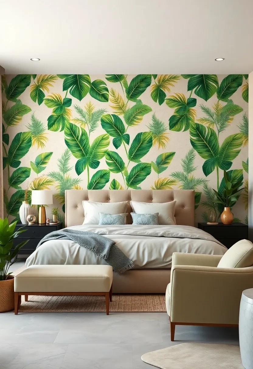 Tropical Leaves⁣ with Gold​ Accents: Elevate your decor with wallpaper featuring ⁢lush leaves enhanced by metallic gold ‌accents for a touch‌ of luxury