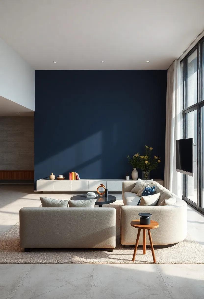 Embrace Modern Minimalism: A sleek, neutral palette accentuated by a bold navy blue wall sets the ‌stage for a​ minimalist haven, allowing furniture to shine