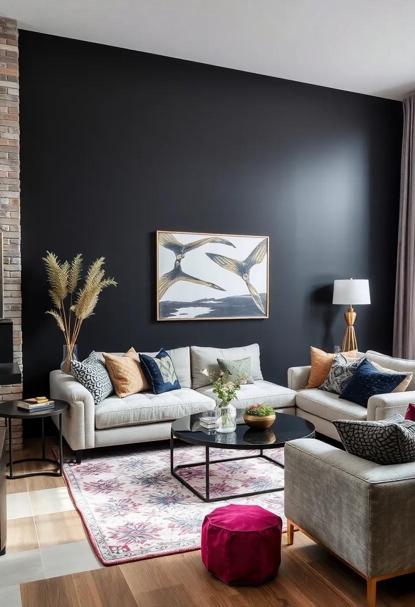 Monochrome ​Magic: A striking black accent⁢ wall provides a dramatic foundation for a monochromatic décor scheme,‍ allowing patterned textiles and metallic‌ accents to dazzle