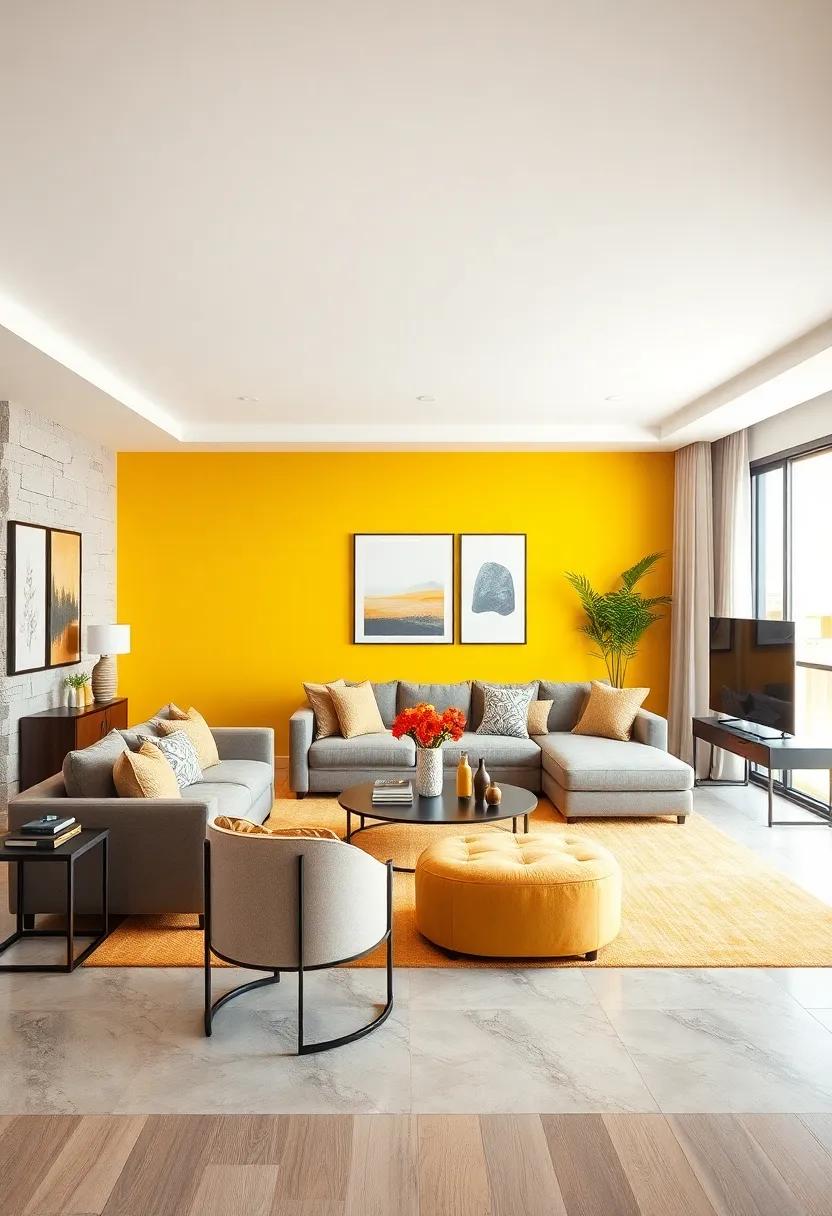 Vibrant Pops of Color: ​A bright yellow ⁢accent ⁣wall commands ​attention, harmonizing beautifully with taupe furnishings ⁣for a cheerful⁢ yet sophisticated living‍ space