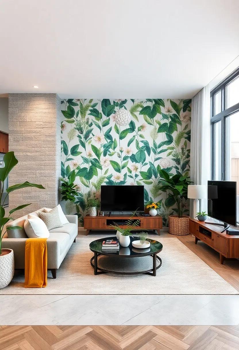Nature-Inspired‌ Serenity: An accent wall adorned ​with botanical wallpaper brings the outdoors in, creating⁣ a tranquil oasis surrounded by lush ⁤greens and natural materials