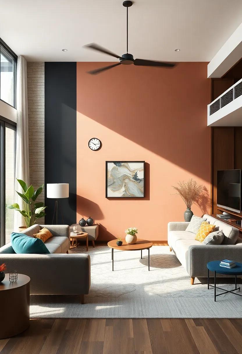Dynamic Two-Tone: ‍A split-tone accent wall adds depth and dimension, allowing creative opportunities to style the room around the contrasting hues seamlessly