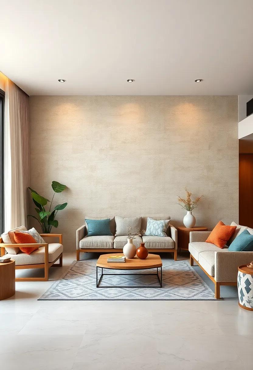 Zen​ Retreat: A textured beige accent wall offers a serene backdrop for natural wood furnishings, creating a peaceful space for relaxation and mindfulness