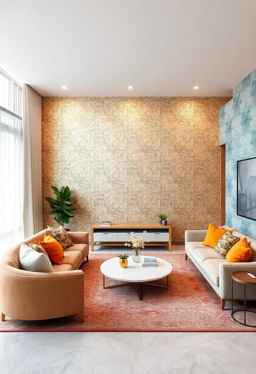 Glamorous Touches: ⁢Shimmering metallic wallpaper elevates a conventional living room, infusing it with glamour and sophistication while​ serving as a stunning focal point