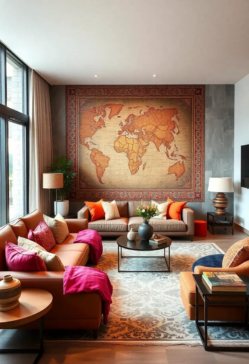 Cultural Influence: A rich tapestry-style accent wall reflects worldly travels, blending global influences ​with contemporary elements for a​ unique living room ​personality