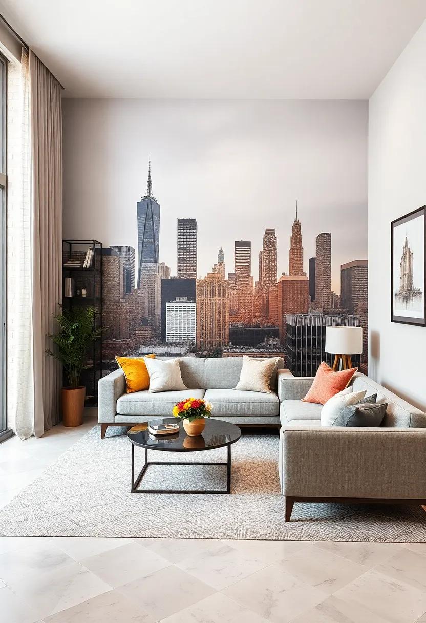 Urban Sophistication: A stunning mural depicting a city skyline transforms a small living room into⁢ a chic urban retreat, blending contemporary styles with city life