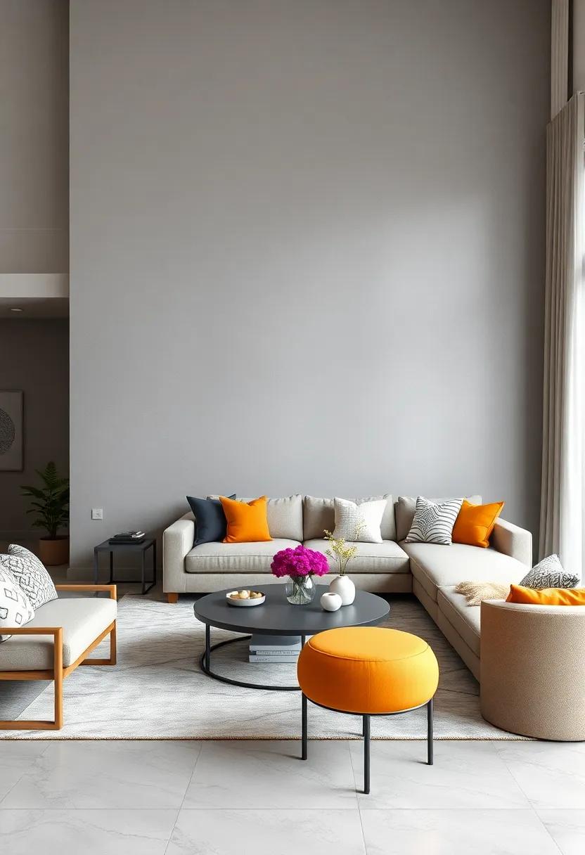 Harmonious Grays: A gradient gray wall offers ​a‍ soothing backdrop, complementing bright accent pieces to create a​ balanced, modern space that inspires calm