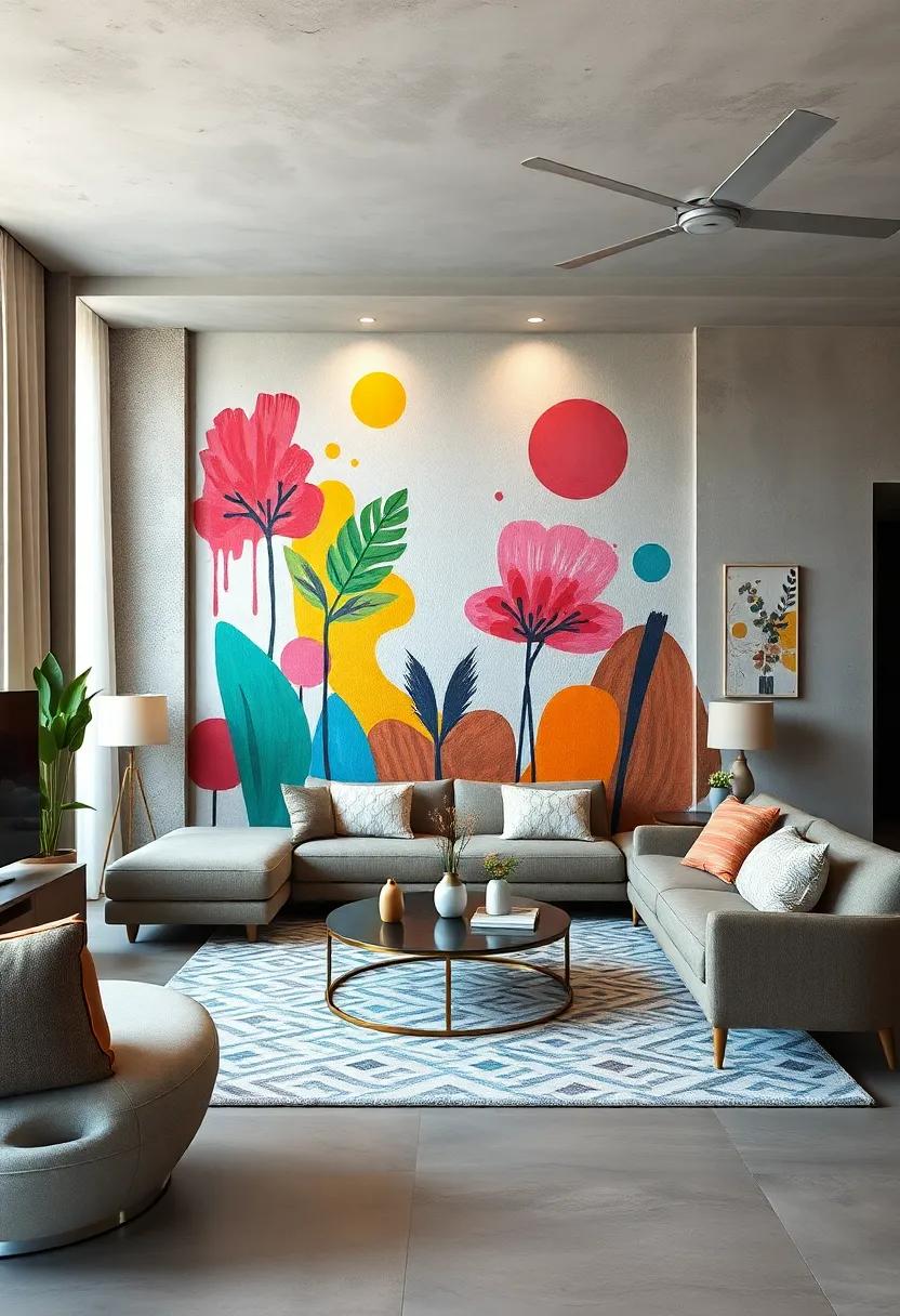 Artistic Statement: A hand-painted mural serves ‍as the centerpiece of a creative⁤ living room, encouraging self-expression through vibrant colors and unique designs