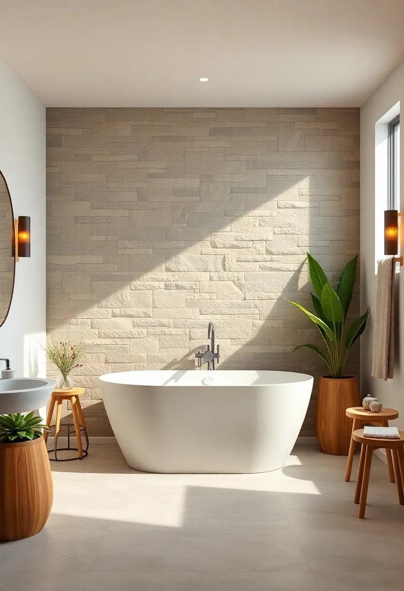 Embrace Nature: Create‍ a serene atmosphere with a stone accent wall behind a​ freestanding tub, bringing⁤ the calming essence of ⁤the outdoors inside