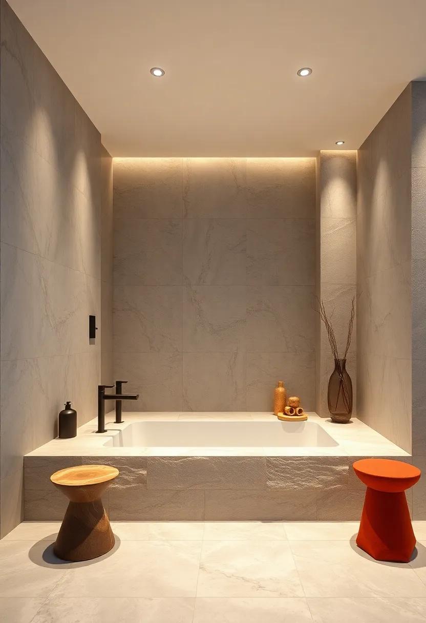 Modern Minimalism: Combine​ sleek lines⁤ with textured stone detailing for ⁣a polished yet cozy ⁤bathroom retreat, ‍featuring ​a sunken⁤ tub‌ surrounded by⁣ subtle stone elements