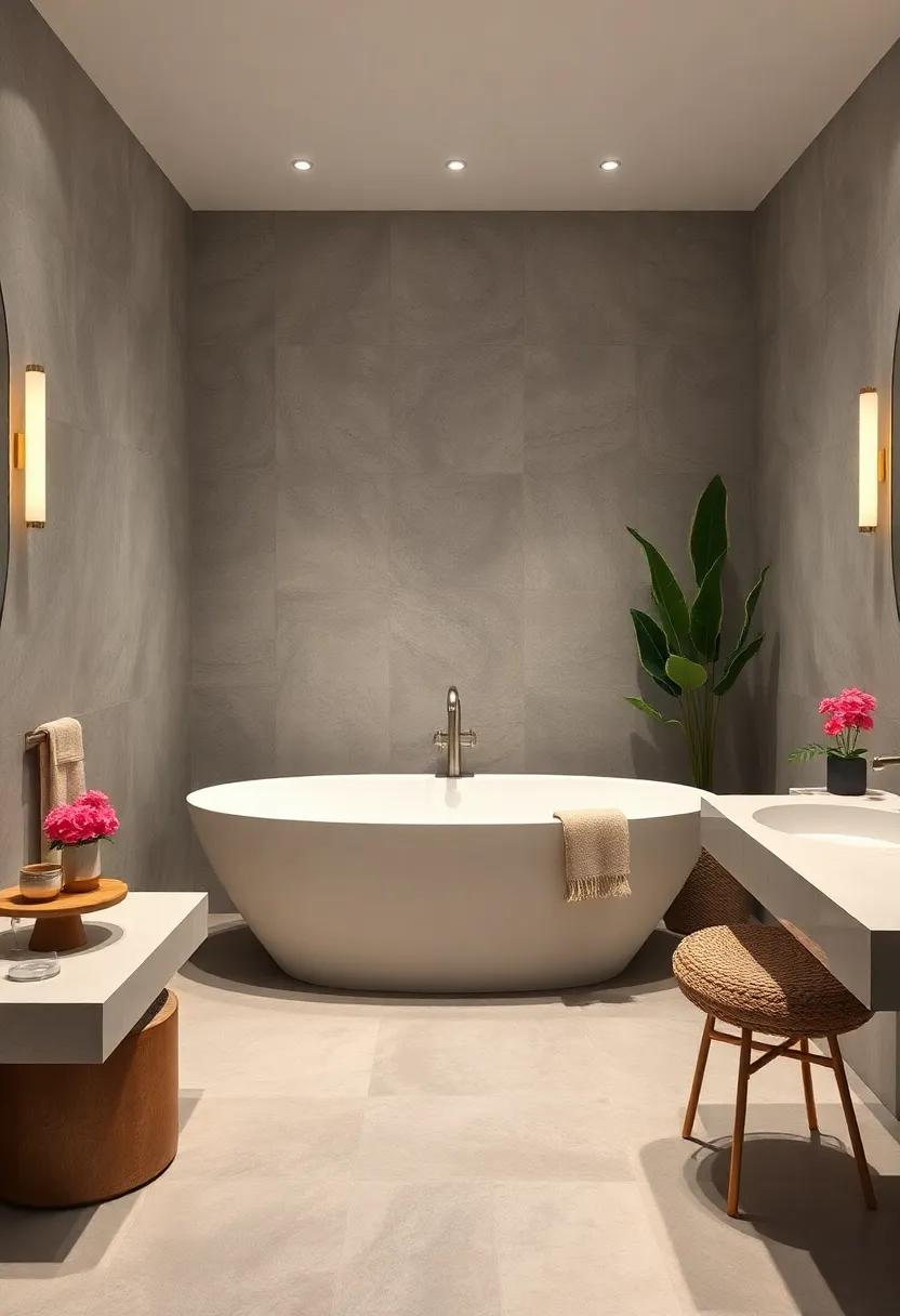 Understated Luxury: Go for understated elegance with polished stone surfaces and a clean bathtub silhouette to create a sophisticated yet approachable space