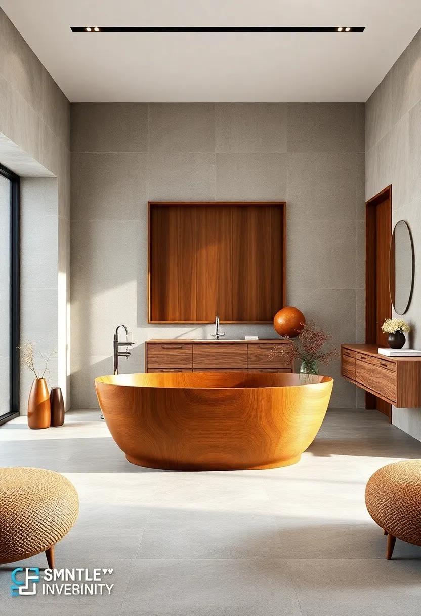 Bold Statement: A⁢ striking wooden freestanding bathtub serves​ as the centerpiece of this space, demonstrating how ​wood can make a stunning impact ⁢in ⁤contemporary design