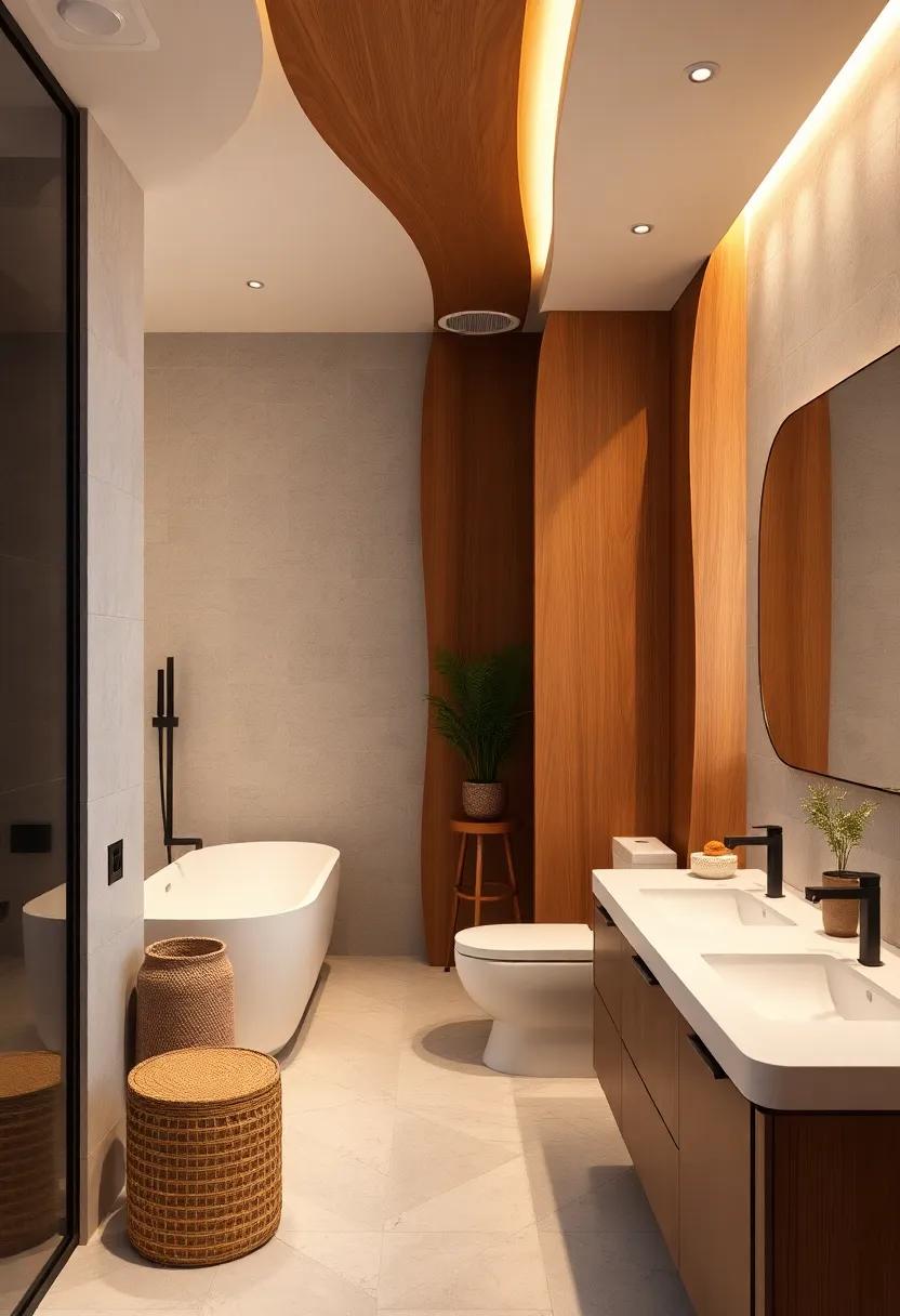 Curved elegance: Soft curves ⁢in wooden elements soften‌ hard lines​ in this contemporary bathroom, providing a gentle touch that invites comfort and relaxation