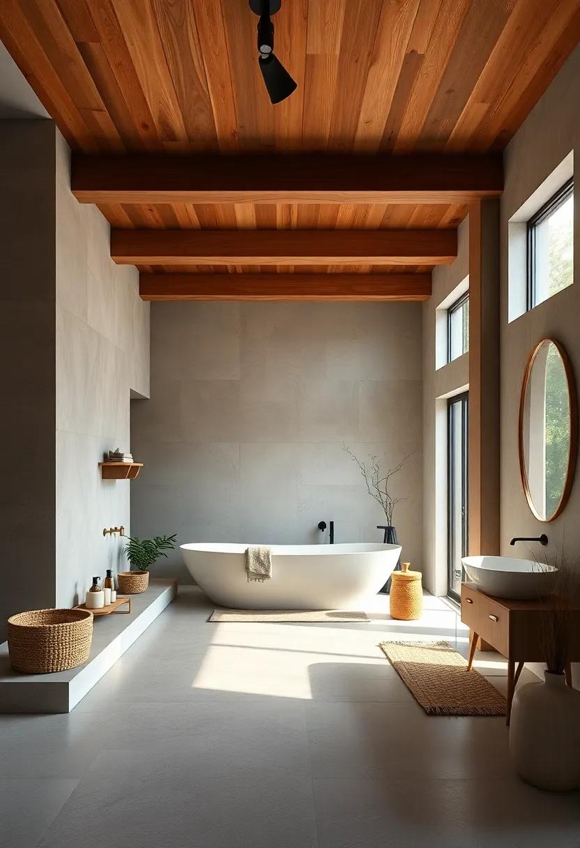 Nature’s touch: Large⁢ wooden beams stretch‍ across the ceiling, enhancing the open concept of ‍this ⁢airy bathroom while bringing an organic feel to a modern layout