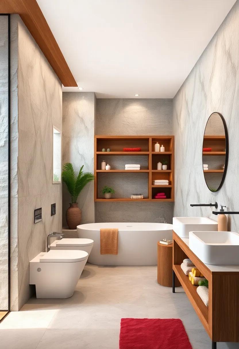 Spa-Inspired Oasis:⁤ This bathroom features elegant​ wood shelving paired with natural stone, promoting a spa-like atmosphere perfect for relaxation and rejuvenation