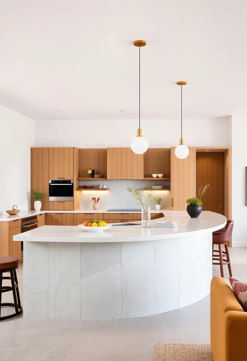 Elevated Functionality: Explore how raised sections of a curved island can serve multiple purposes,from casual dining to elevated food prep zones