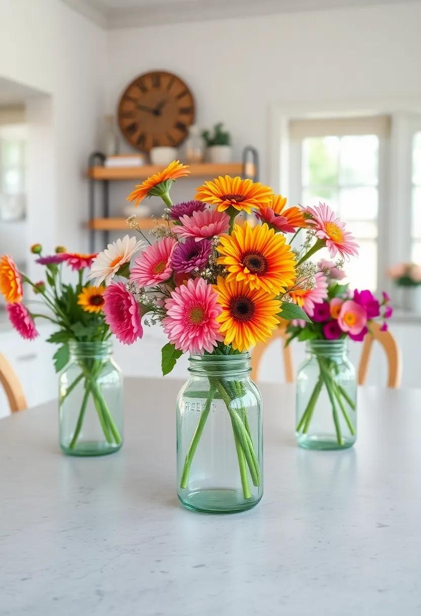 Fresh Flowers ⁤in Vintage ‍Jars: Brighten up your kitchen ​table⁤ with seasonal ‌blooms arranged in rustic mason ⁣jars⁤ for a classic farmhouse look