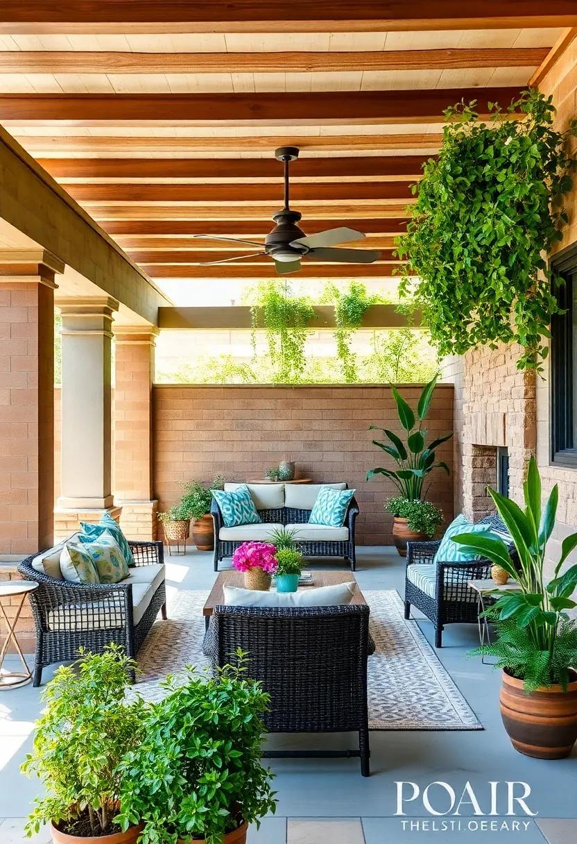 Rustic Wood Beams: Accent your patio with rustic wood beams or trellises, offering a natural, organic feel while supporting climbing plants for added greenery