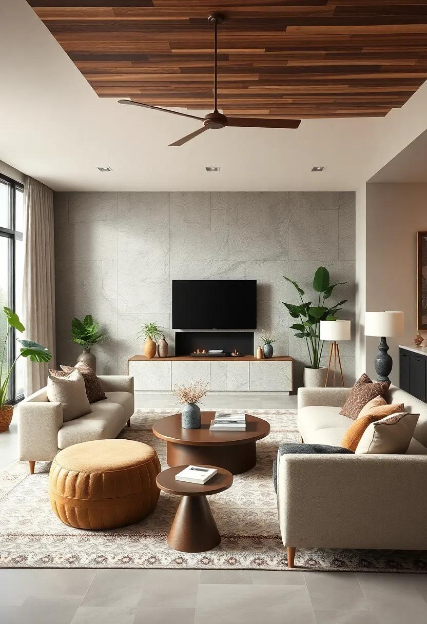 Mixed Materials: Blend metals, woods, and fabrics for an eclectic but cohesive living room look