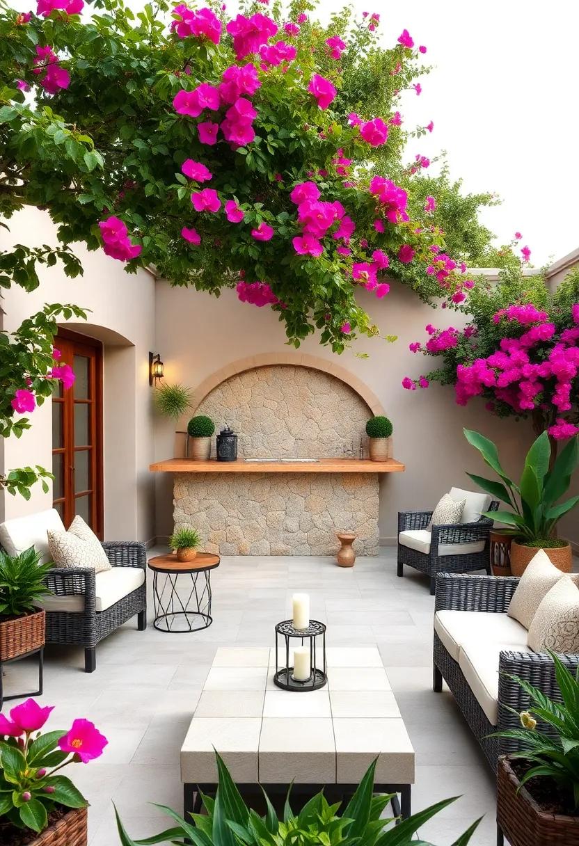 Mediterranean Retreat: A charming stone bar topped with ceramic tiles,⁣ surrounded by⁢ vibrant bougainvillea, invites relaxation⁣ with‍ a touch of exotic flair