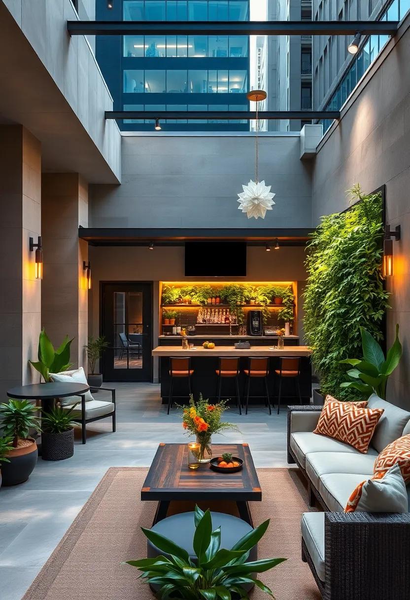 Urban oasis: With a vertical garden flanking⁤ the bar, this⁤ city patio layout harmonizes nature with modern design, offering a⁢ refreshing ⁤escape amidst the‍ concrete