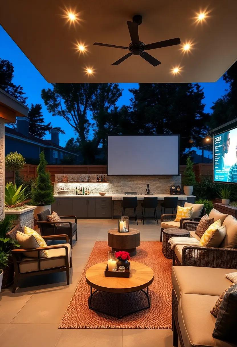 Outdoor Movie Area: A bar seamlessly integrated ⁤next to an⁤ outdoor screen sets ⁤up the perfect ‍environment for ‌movie nights ⁢spent with friends and family