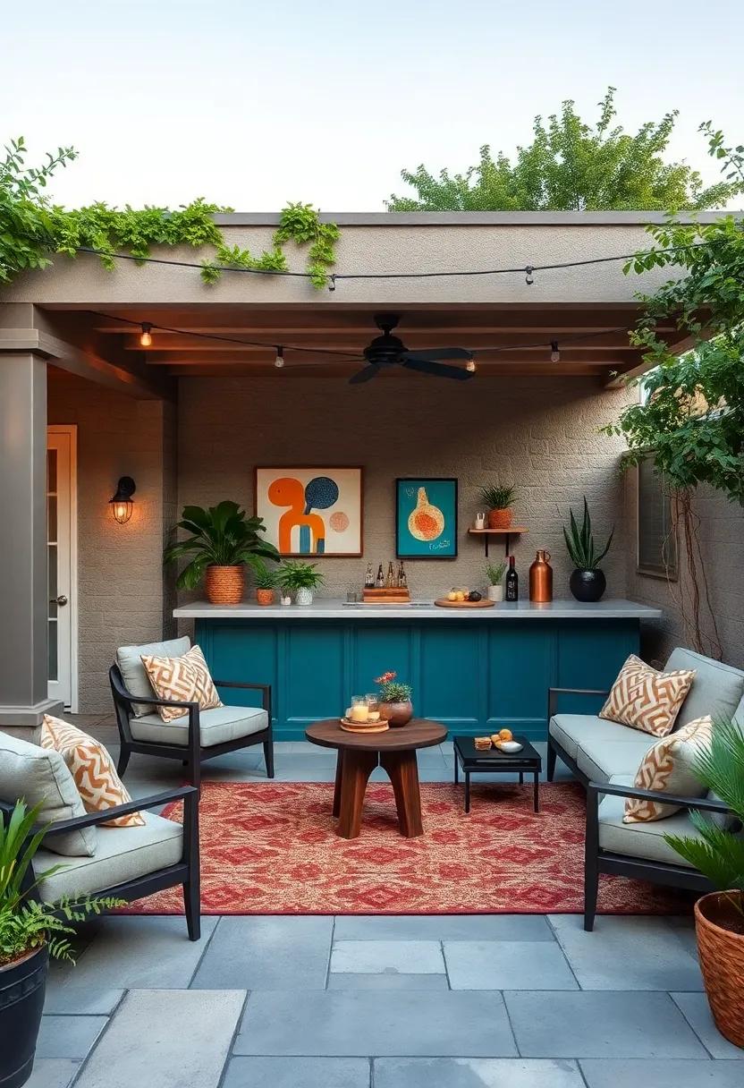 artsy Abode: This patio ⁤features an outdoor bar painted in⁤ a ‍bold color, adorned with quirky art pieces, making⁣ it a lively ‌centerpiece ‍for creative gatherings