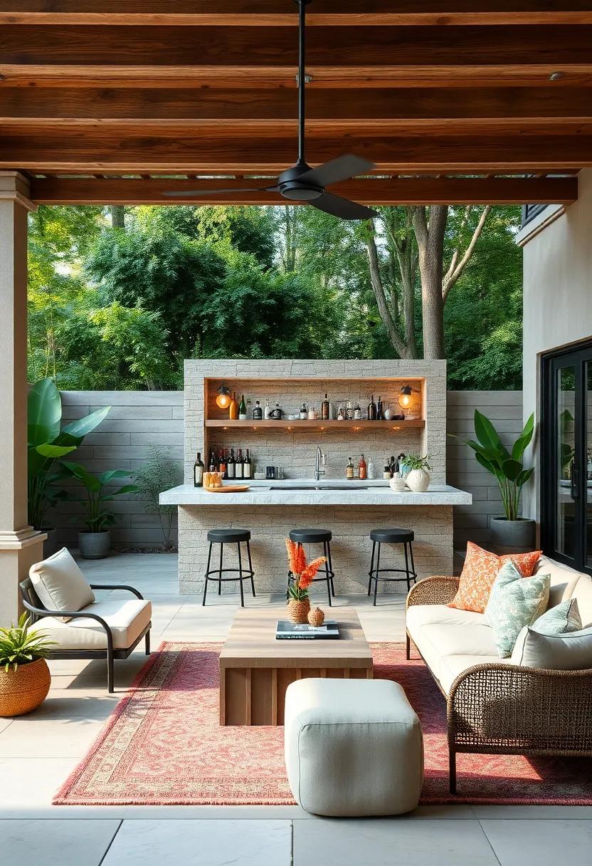 Nature-Lover's Haven: A bar made from natural stone, seamlessly ⁢blending into the⁢ outdoor‍ landscape, transforms the area into a tranquil‌ escape amidst nature