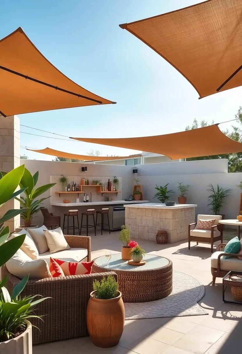 Sunlit⁢ Serenity: A⁤ bar crafted from light-colored materials ⁤shines in ‍the sunshine, enhanced with ‍shades and canopies for⁤ a refreshing daytime feel