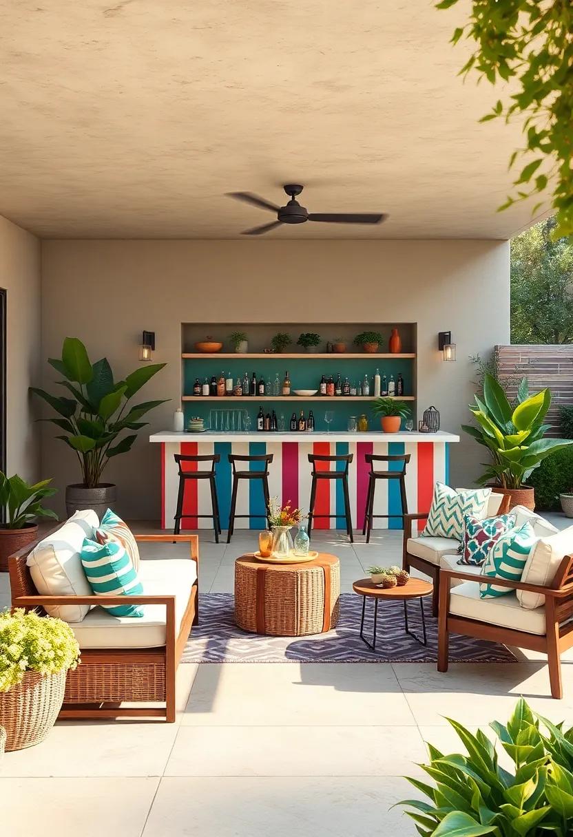 Playful Palette: A ⁢vibrant bar painted in stripes complements playful outdoor furniture,⁤ igniting joy and liveliness in your outdoor‌ gatherings