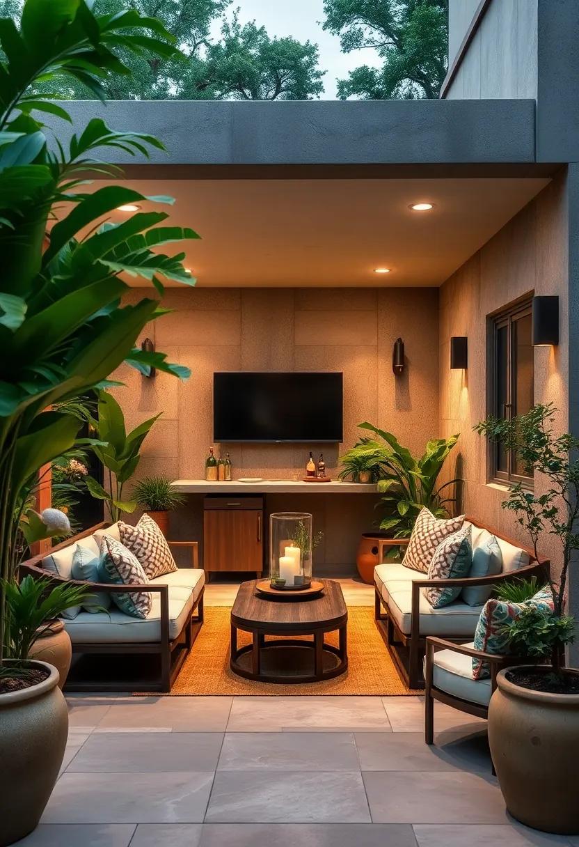 Cozy Nook: A small,corner bar with built-in seating surrounded by lush greenery creates an intimate atmosphere perfect​ for casual gatherings