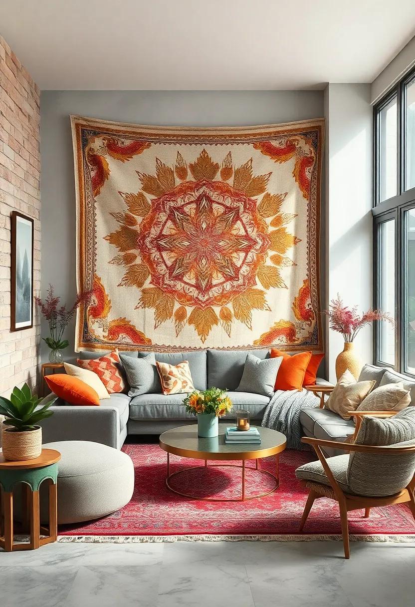 Printed Tapestry: ‍Hang a large tapestry to create an artistic statement that also brings a warmth and coziness to your ‌living room ⁤walls