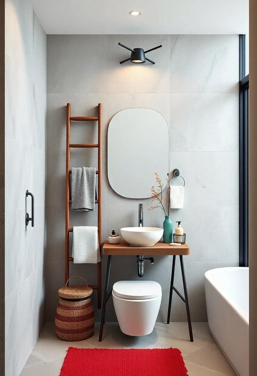 Wall-Mounted Bathroom Ladder: Bring a rustic touch with a decorative ladder that can hold towels or other bathroom accessories