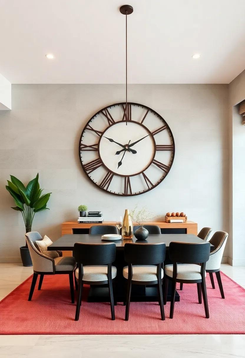 Oversized Clocks: use a large decorative clock as a functional art piece that draws the eye while maintaining your dining room's rhythm