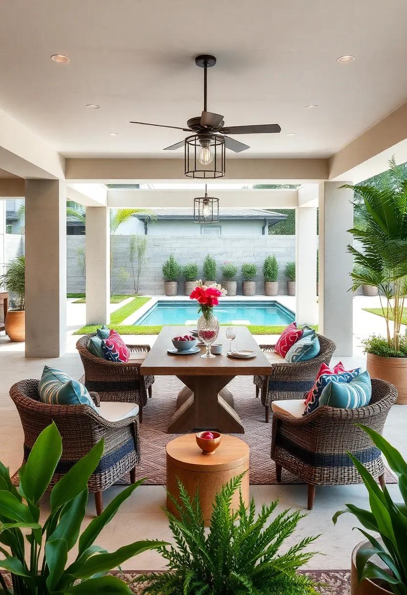 Coastal ⁤Escape: ​Explore‌ the refreshing‌ vibe of a seaside-inspired patio, featuring‌ white wicker furniture‍ and ⁤bright blue accents‌ for ​a nautical touch