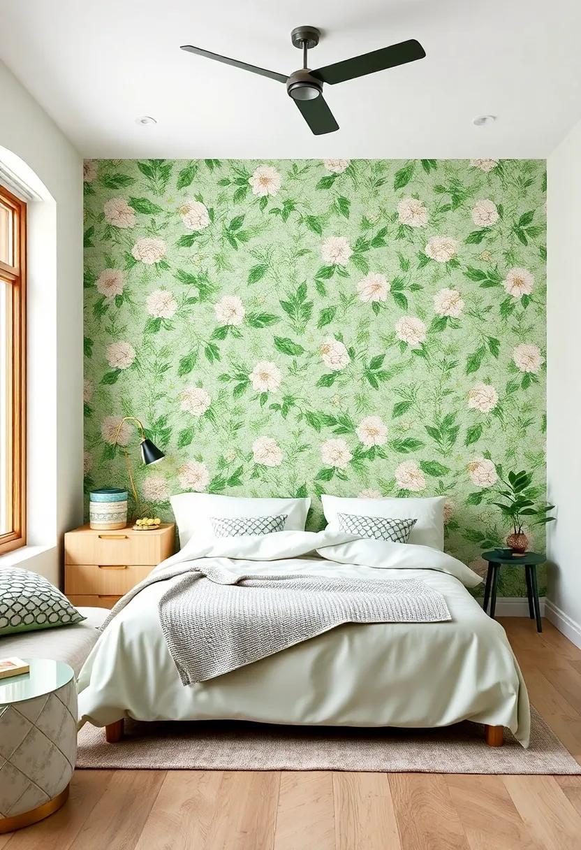 Embrace Nature with Botanical Wallpaper: A light green floral wallpaper creates a serene atmosphere while connecting the space to nature
