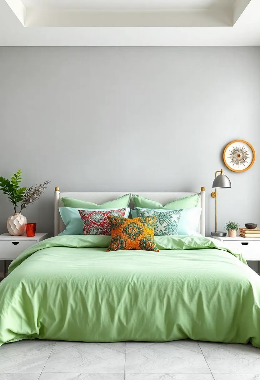 Light Green Bedspread with Patterned Accents: A simple light green bedspread can be enhanced with bold patterned⁢ pillows and throws for added visual interest