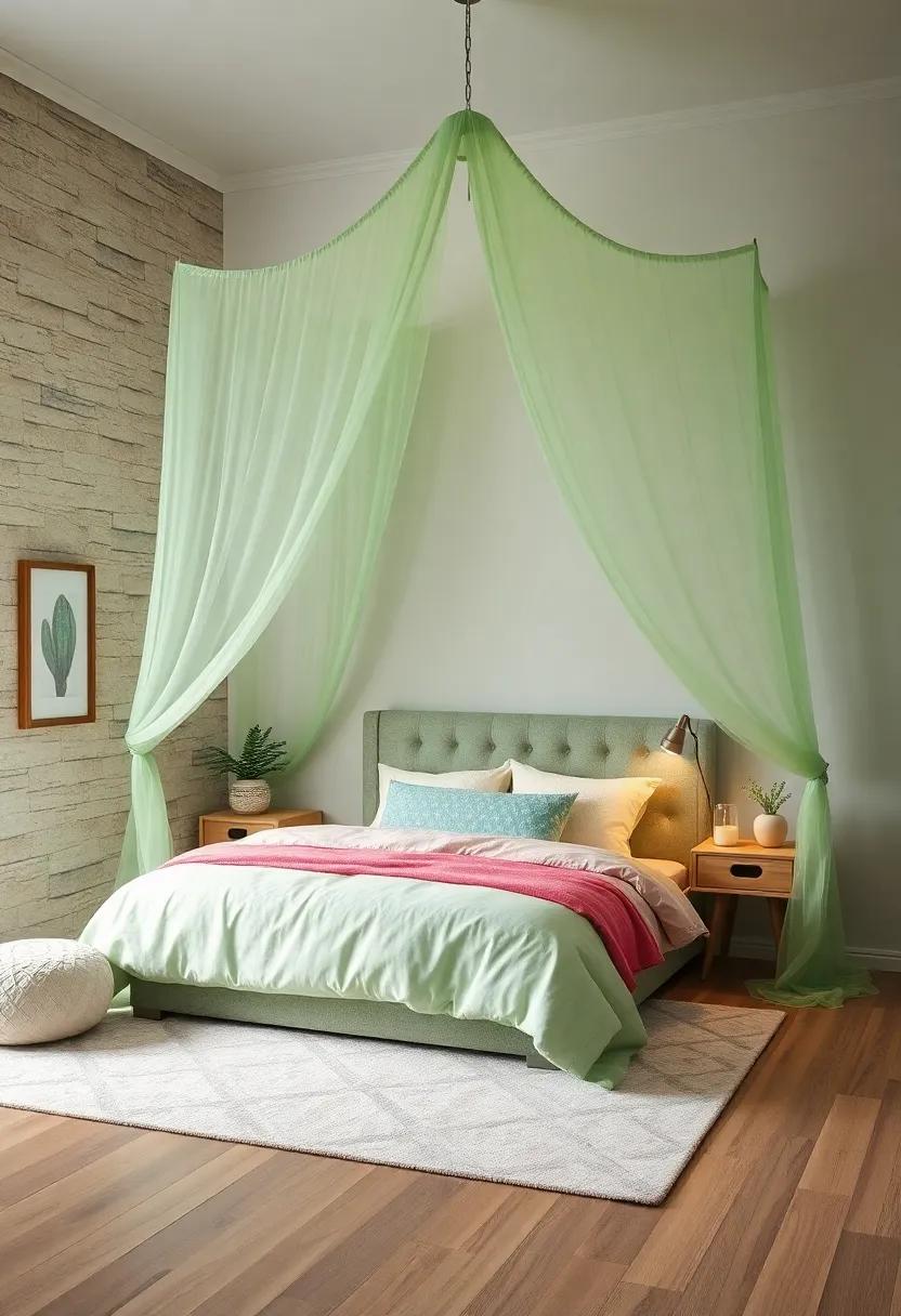 Playful Light Green canopy: Hang a sheer light green canopy over the bed⁢ for a whimsical ⁤touch that creates a dreamy⁤ sleeping space