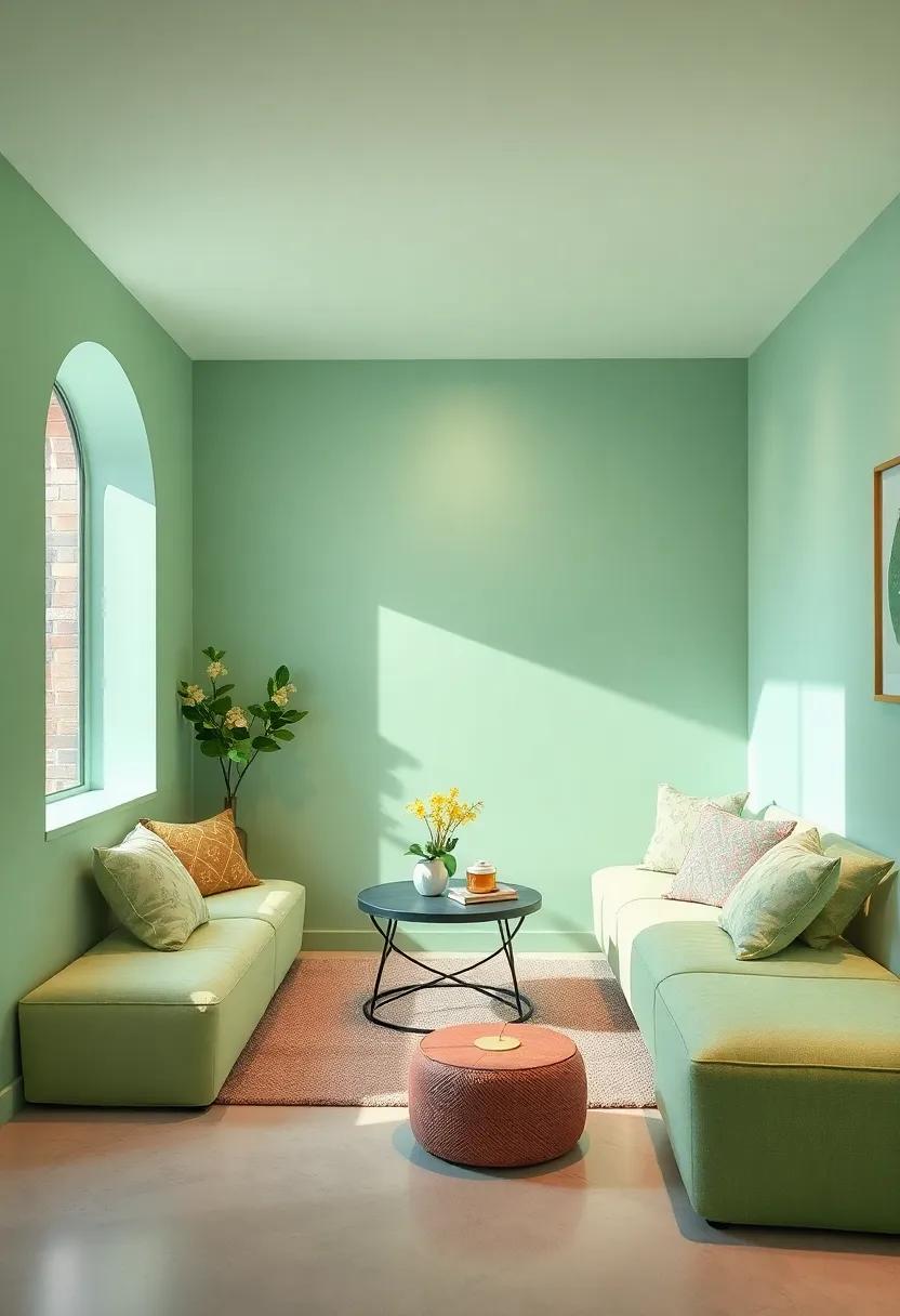 Inviting Light Green Lounge Area: Design a cozy light green lounge corner with soft seating and warm​ lighting for the⁤ perfect hangout spot with friends